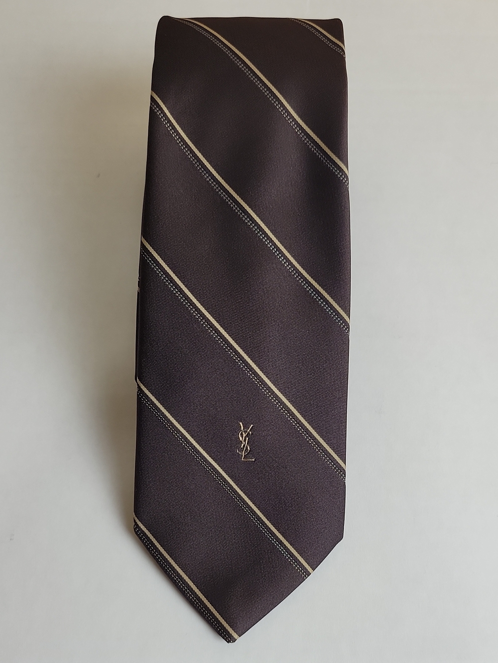 Yves Saint Laurent Men's Brown Silk Diagonal Stripe Tie with Beige Accents